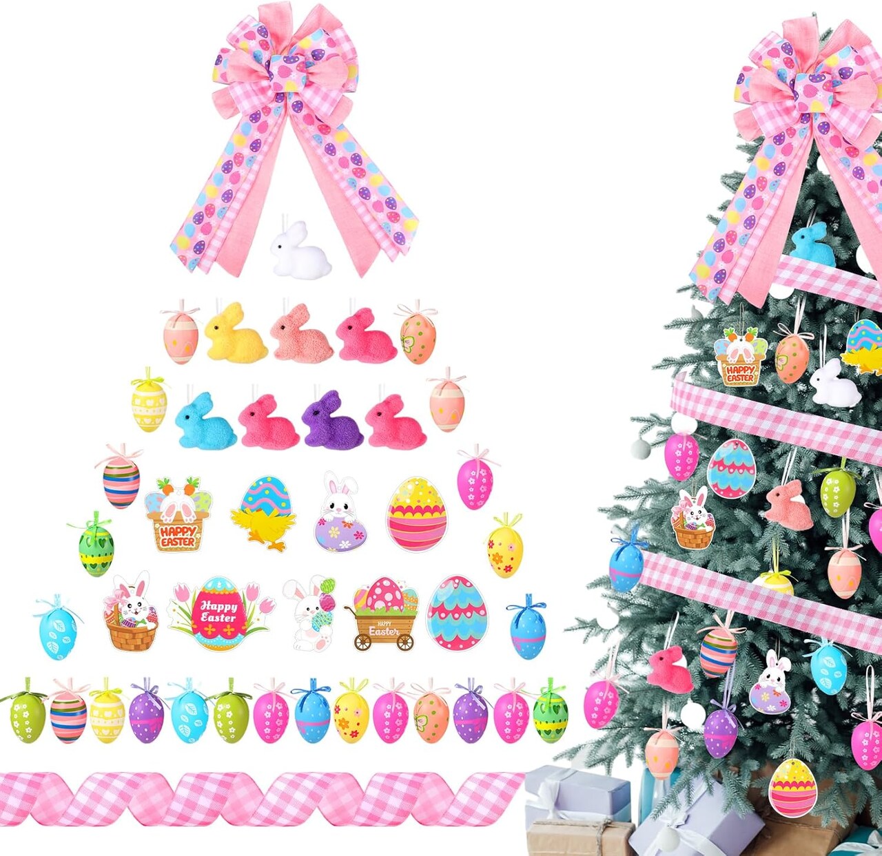 43 Pcs Easter Decorations Tree Ornaments Kit Easter Egg Rabbit Paper Cards Ornaments with Bow and Ribbon for Holiday Party Tree Hanging Decorations